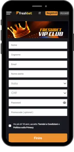 Inserimento dei dati personali su Freshbet