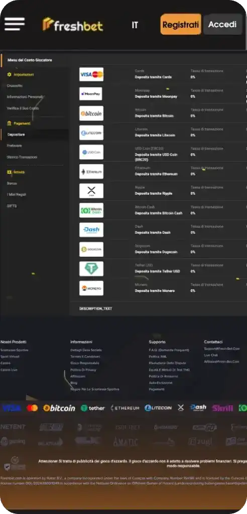 Metodi di deposito e prelievo del casinò Freshbet