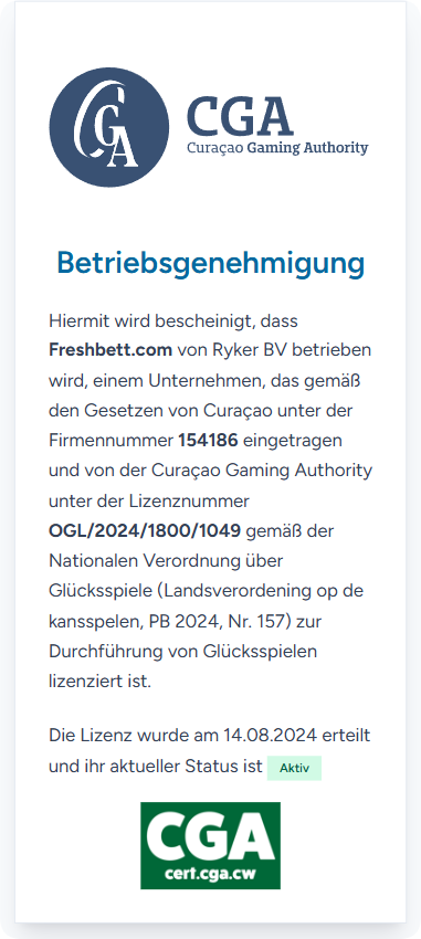 freshbet Lizenzierung